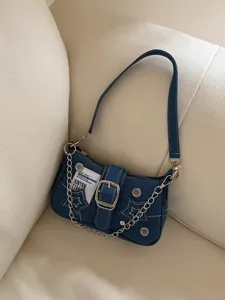 Τσάντα ώμου denim Y2K με κέντημα αστέρι, ρετρό αλυσίδα και κομψή αγκράφα σχεδιασμός.