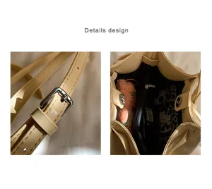 Vista dettagliata della borsa a secchiello in pelle beige da donna, con fibbia e interno.