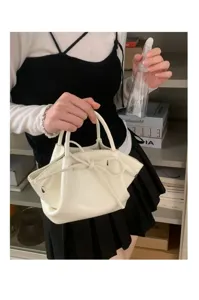 Borsa a secchiello bianca minimalista coreana con fiocco, stile chic moderno.