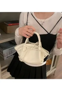 Borsa a secchiello in pelle bianca con grazioso dettaglio coulisse a fiocco, stile coreano.