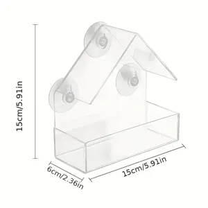 Comedero para pájaros transparente de acrílico con ventosas, 15x6x15cm casa de alimentación de pared.