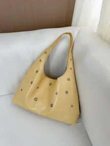 Yellow leather shoulder bag, casual hobo tote with metal grommets, large capacity daily purse.