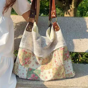 Korean floral canvas tote bag with lace patchwork and brown leather straps for daily commute.