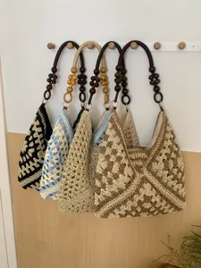 Summer Beach Vacation Woven Straw Tote Bag Hollow Out Crochet Handbag Large Casual Shoulder Bag For Women
