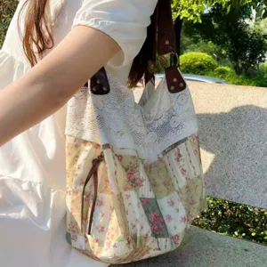 Korean style floral canvas patchwork lace tote bag, large capacity casual shoulder bag.
