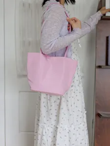 Korean style minimalist pink nylon tote bag, casual large capacity shoulder bag for women.