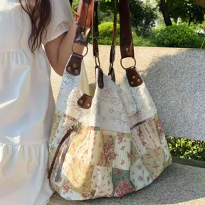 Korean style floral canvas patchwork tote bag large capacity shoulder bag for women commuter daily