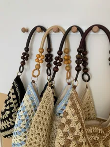 Woven straw tote bag with beaded handle hollow out summer beach vacation shoulder bag