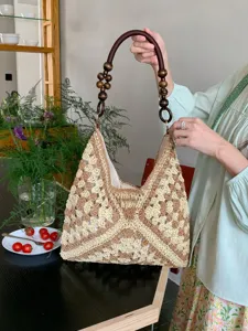 Summer crochet straw shoulder bag hollow out beach tote bag women casual woven handbag