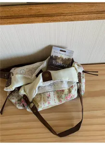 Detailed view of the Korean floral canvas tote bag with lace trim and patchwork design.