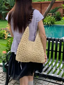 Summer straw woven beach hobo tote bag, hollow out shoulder handbag for women vacation