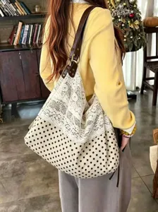 Korean style polka dot canvas shoulder bag with elegant lace patchwork and brown leather straps.