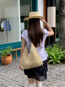 Summer straw woven shoulder bag hollow out beach tote bag for women vacation style