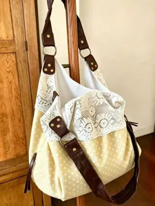 Korean style polka dot canvas shoulder bag with white lace trim and brown PU leather straps.