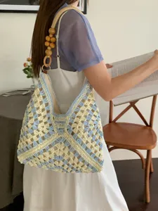 Summer hollow out crochet shoulder bag with wooden bead handle blue beige tote bag