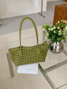 Green woven leather shoulder tote bag stylish underarm vacation beach basket bag for summer