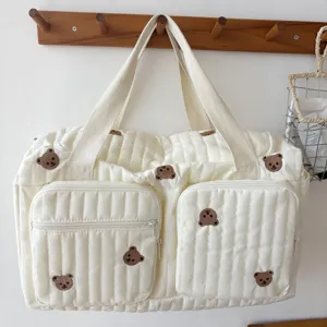 Quilted travel duffel bag detail, cute brown bear embroidery, large capacity daily use.