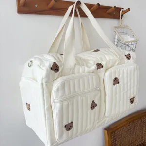 Quilted travel duffel bag with cute bear embroidery, large capacity mommy diaper bag.