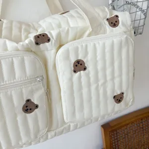 Korean ins style large capacity quilted travel bag with cute bear embroidery, white mommy bag.