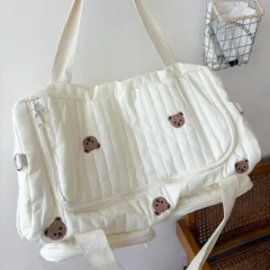 Large capacity quilted travel duffel bag with cute bear embroidery for daily use.