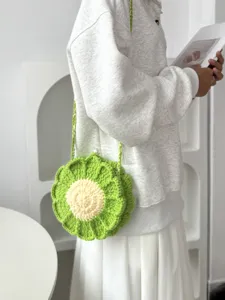 Handcrafted crochet flower crossbody bag green daisy wool shoulder bag for spring fresh style