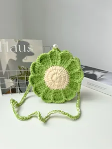 Handmade crochet sunflower crossbody bag, cute green knitted flower shoulder bag.