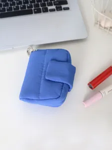 Dettaglio di una mini borsa blu trapuntata, ideale come piccolo portamonete o custodia per rossetto.