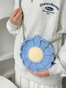 Handmade crochet sunflower shoulder bag blue and yellow knit crossbody purse for women