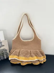 Handgemachte Häkel-Tote-Bag, Strick-Schulter-Einkaufstasche mit Rüschen für Damen Alltag.