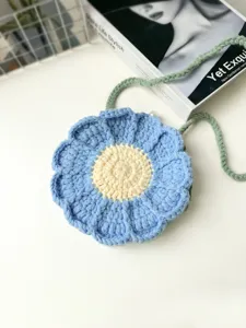 Handmade crochet flower shoulder bag, cute blue and yellow yarn crossbody bag for spring and summer.