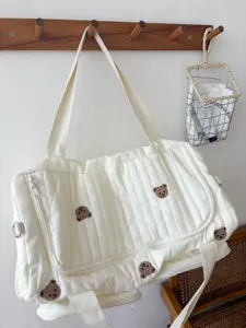 Korean ins style large capacity quilted travel duffel bag with cute bear embroidery for women