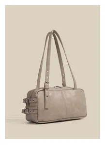 Retro vintage boston pillow shoulder bag with motorcycle buckle strap details for women chic style.