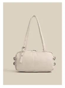 Minimalist retro off-white shoulder Boston bag detail view, chic PU leather buckle design.