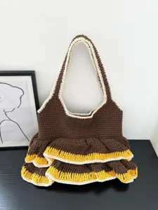 Handgefertigte Häkel-Tasche Strick Eimer Tasche Rüschen Kontrastfarbe Damen Alltagshandtasche