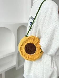 Handmade crochet sunflower crossbody bag, knitted flower shoulder bag for women daily use.