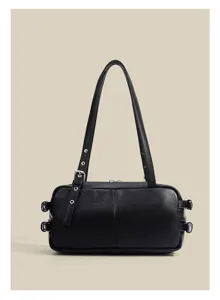 Classic black leather shoulder bag, vintage boston pillow bag for women, stylish underarm bag.