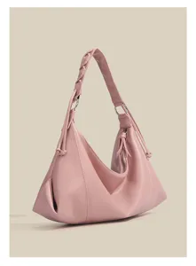 Pink hobo shoulder bag detail, stylish PU leather tote bag with elegant braided strap for women.