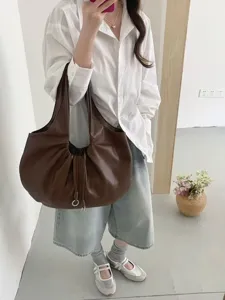 Korean Style Ins Pleated PU Leather Shoulder Bag Large Capacity Hobo Handbag Casual Versatile Commuter Bag For Women