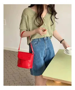 Red leather shoulder bucket bag with adjustable strap, casual trendy women's handbag.