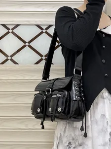 Black glossy motorcycle shoulder bag with multi pockets, sweet and cool style underarm bag.