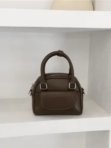 Dark brown leather top handle crossbody bag for women minimalist small shoulder boston bag main view