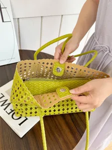 Green Woven Cut-out Tote Bag Stylish Casual Shoulder Bag For Daily Commute Handbag