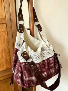 Korean style plaid canvas shoulder bag with lace contrast trim, large capacity commuter tote.