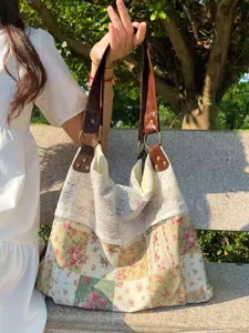 Korean Style Floral Canvas Tote Bag Color Blocking Lace Large Capacity Commuter Shoulder Bag Leisure Casual Handbag For Women