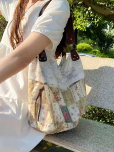 Floral patchwork canvas hobo shoulder bag with white lace trim, large capacity tote bag new