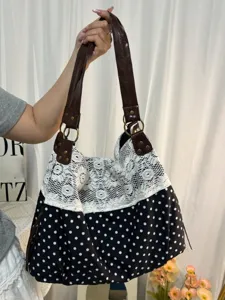Korean style lace splicing polka dot canvas tote bag casual large capacity shoulder bag