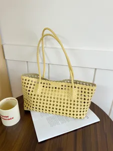 Yellow woven tote bag stylish hollow out shoulder handbag for women daily casual summer