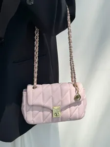 Pink quilted chain shoulder bag women fashion elegant crossbody bag detail view chic style