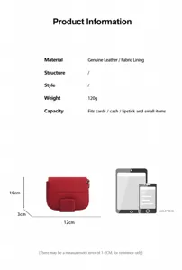 Product detail and dimension infographic showing a small red leather coin and lipstick bag.