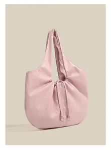 Borsa a spalla rosa plissettata stile coreano, elegante shopper in ecopelle per donna al lavoro.